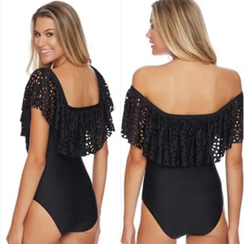 New Sexy Off The Shoulder Solid Swimwear Women One Piece Swimsuit Female Bathing Suit Ruffle Monokini Swim Wear