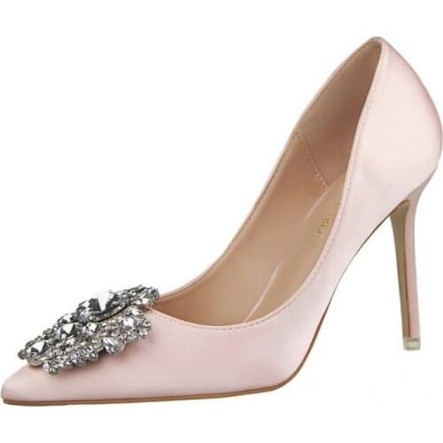 New Spring/Autumn Women Pumps High Thin Heel Pointed Toe Slip-On Shallow Sexy Elegant Crystal Women Shoes Pink High Heels