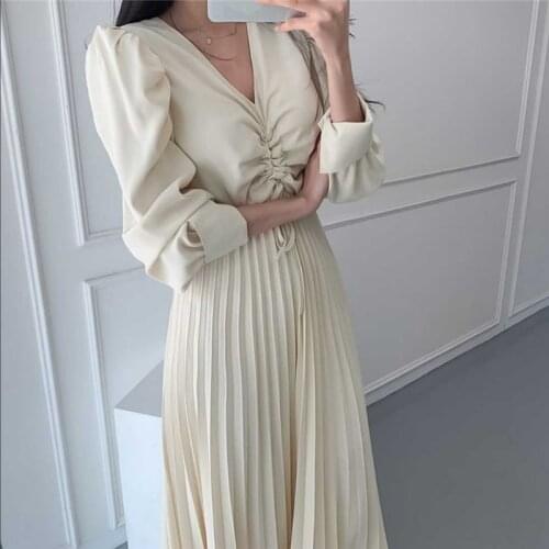 2020 Fall Korean Ladies Style Simple And Elegant Dressed Colid Color Drawstring Pleated Waist Slim Fit Soft Dress Women