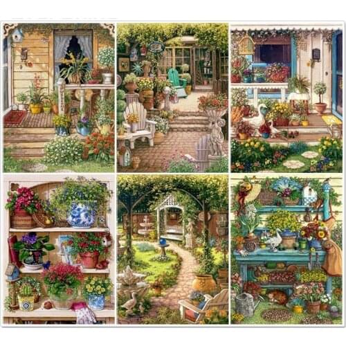 5D Full Square Diamond Embroidery Courtyard Paint With Diamonds Diamond Mosaic Cross Stitch Scenery Home Decoration