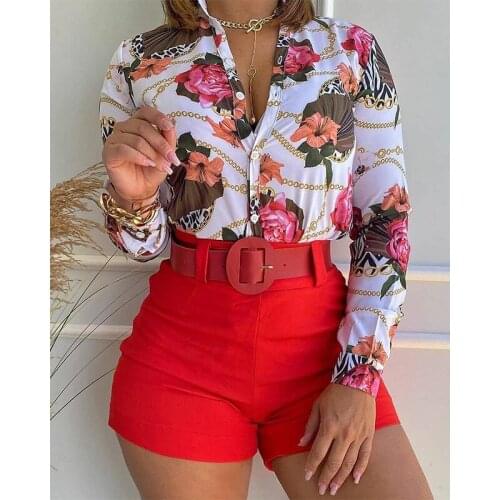 RMSFE 2021 Womens Long Sleeve Stand Collar Light Mature Fashion Printing Casual Temperament Shirt Shorts Two Piece Set