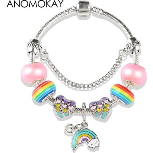 Romantic Rainbow Enamel Moon Heart Charm Pendant Bracelet Colorful Crystal Beads Bracelets for Women Girl Diy Jewelry Gift