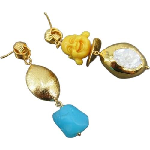 APDGG Natural White Coin Keshi Pearl Gold Plated Beads Blue Glass Quartz Yellow Buddha Stud Earrings For Women