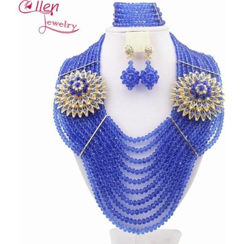 Blue African nigerian Wedding bridal beads Jewelry Set African style Crystal beaded necklace women Jewelry Set W8100