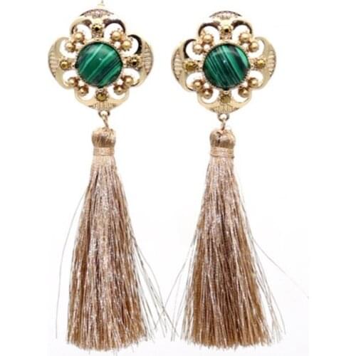 Classic Style Light Yellow Gold Color Flower Malachite Stone Stud Earrings with Tassels Rose Pink Quartz Jewelry
