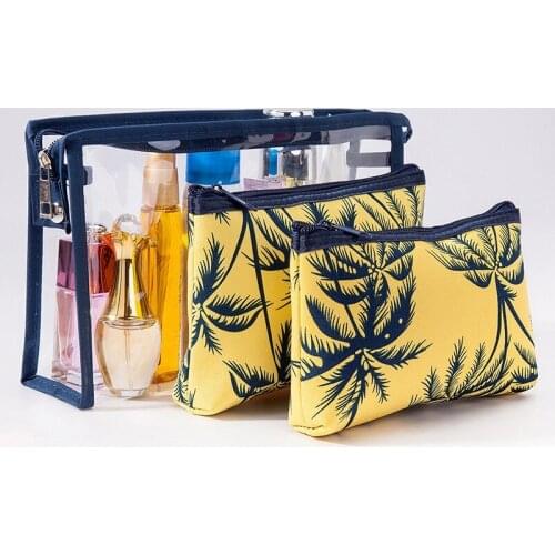 3-piece Waterproof Cosmetic Bag Coconut Tree PVC Transparent Large Capacity Toiletry Storage Box Outdoor Portable Beauty Pouch