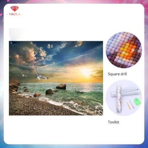 YIKELA 5D Square Diamond Seaside Sea Mew Embroidery Cross Stitch Diamond Painting DIY Wall Sticker Diamond Painting Holiday Gift