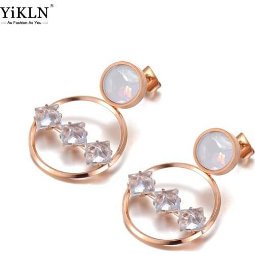 YiKLN Fashion Titanium Stainless Steel Double Circle Shell Earrings For Women Girl Geometric CZ Crystl Party Earrings YE20098