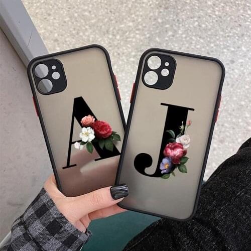 Camera Protection Initial Letter Phone Case For iPhone 11 Pro Max 12 Pro Max 12 Mini 11Pro X XS XR Flower Clear Matte Hard Cover