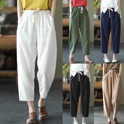 Womens Solid Cotton And Linen Pants Pocket Elastic Waist Loose Trousers Pants High Quality Simple Pants Pantalon Pour Femme 2021