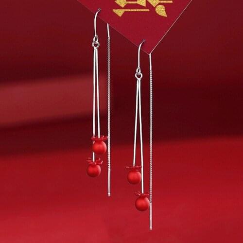 Chinese Style Temperament Small Fresh Red Petal Pearl Earrings Long Tassel Curved Hook Ear Line Female New Year Earrings