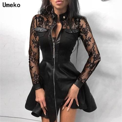 Goth Zipper Faux Leather Women Sexy Lace Mesh Long Sleeve Club Party Dress Winter Autumn Grunge Stand Collar Mini Dresses Y2K