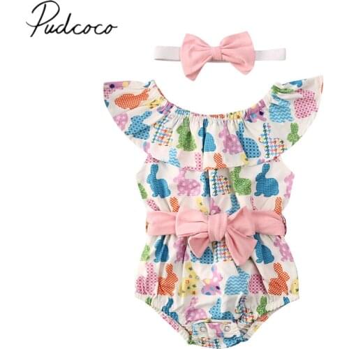 2020 Baby Summer Clothing Easter Infant Kids Baby Girls Bodysuits Rabbit Ruffles Elastic Waist Bowknot Jumpsuits+Headband 2pcs