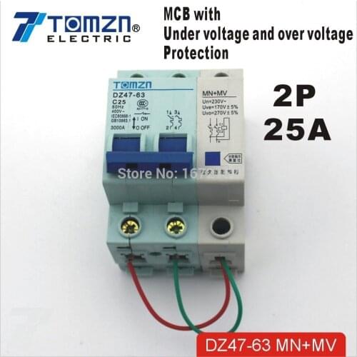 2P 25A 400V~ 50HZ/60HZ MCB with over voltage and under voltage protection Mini Circuit breaker MN+MV
