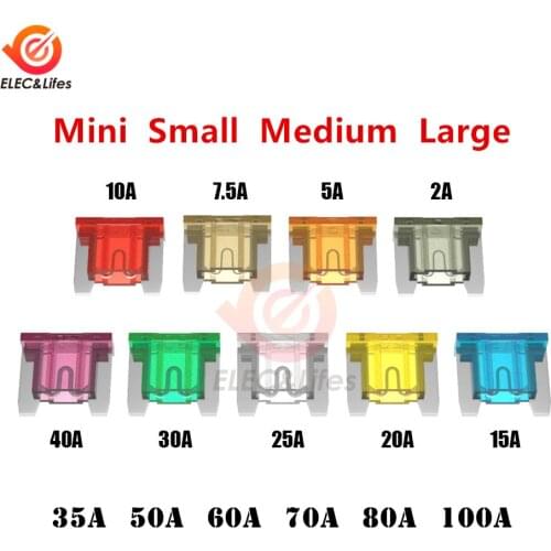 5Pcs Car Automotive Blade Fuse Mini Small Medium Large Size Auto Fuses 2A 5A 7.5A 10A 15A 20A 30A 40A 50A 60A 70A 80A 100A