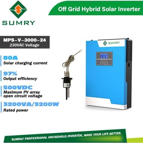 SUMRY Off Grid Hybrid 3500W Solar Inverter MPS-V Plsu Series 100A MPPT Controller 500Vdc Max PV Input 24V 230Vac Battery Charger