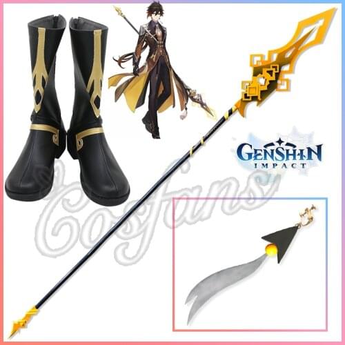 Genshin Impact Cosplay Props Zhongli/zhong Li 180CM PVC Spear Boots Anime ZHONGLI Long Christmas Brown Orange Wig Accessories