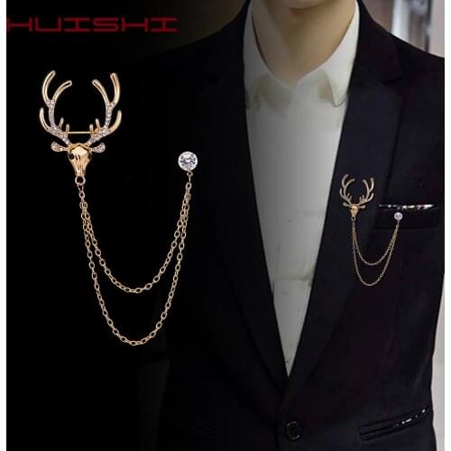 HUISHI Brooch Fashion Vintage Gold Silvery Metal Brooches For Men 2020 Christmas Reindeer Antlers Collar Chapter Tassel Brooch