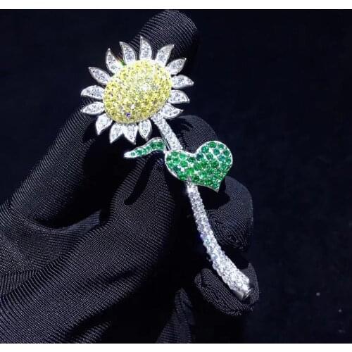 925 sterling silver with cubic zircon sunflower brooch pins fine women jewelry free shipping