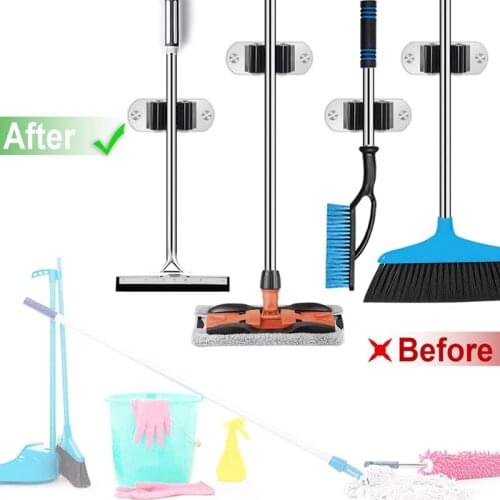 MLGB 4Pcs Mop and Broom Holder Wall Mount Heavy Duty Stainless Steel Broom Holder Broom Organizer Garden Garage Storage Rack