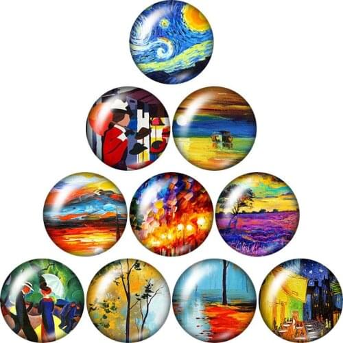 Oil paintings scenery trees 10pcs mixed 12mm/16mm/18mm/25mm Round photo glass cabochon demo flat back Making findings ZB1124
