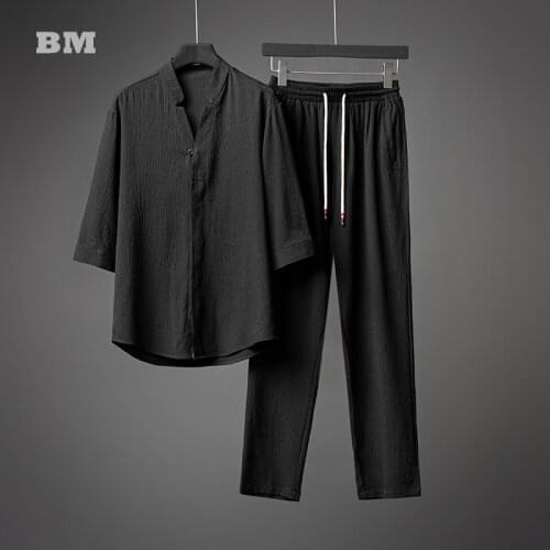 Chinese Style Ice Silk Linen Two Piece Suit Summer Thin Short Sleeve T Shirt Plus Size Trousers Harajuku Oversized Clothes Men