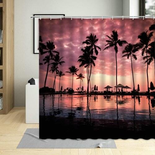 Resort Tropical Plants Coconut Tree Shower Curtain Seaside Beach Setting Sun Background Decoration Curtains Bathroom Decor