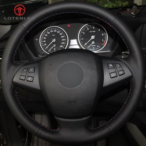 LQTENLEO Black Genuine Leather DIY Hand-stitched Car Steering Wheel Cover for BMW X5 E70 2006-2013