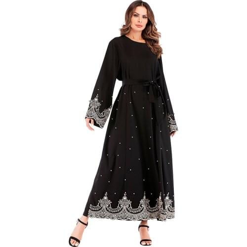 Dubai Abaya East Fashion Casual Embroidery Lace Middle Eastern Muslim Women Embroidered Beaded Long Sleeve Dress 2021