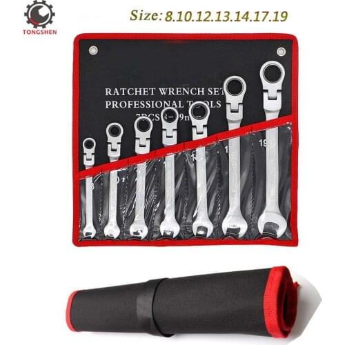 7Pcs 8-19mm Ratcheting Wrench Set Ratchet Wrenches Chrome Vanadium Steel With Tool Roll SAE & Metric Combination Ended Standard