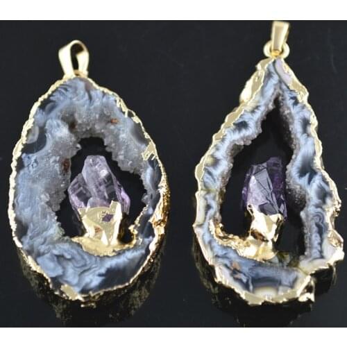 Natural Druzy Geode Slice WITH Purple Drusy Inset Pendants 5pc/lot New Fashion Women Jewelry
