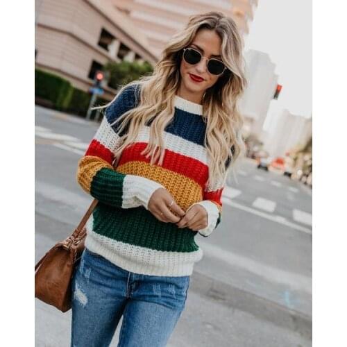 Autumn and Winter Womens Rainbow Stitching Temperament Commuter Loose Sweater Women