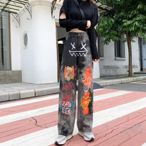 Autumn Korean BF Wind Harajuku Cartoon Bear Smiley Graffiti Personality Print Ladies Jeans Vintage Large Size Old Daddy Trousers