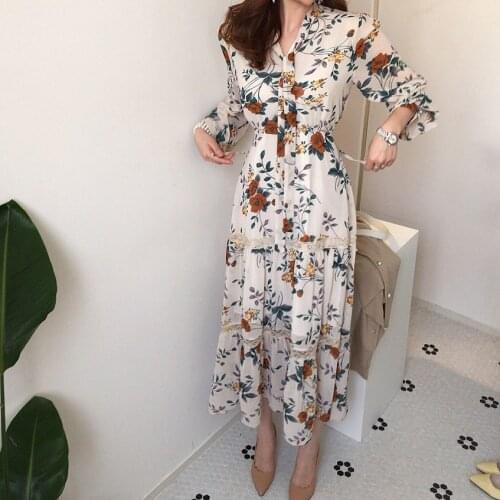 Floral Dress Women Boho Midi Lace-up Chiffon A-line Long Sleeve Sashes Elegant Ladies Beach Spring Vestidos Streetwear Vestido