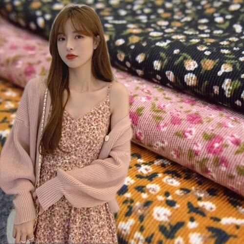 Half Meter Fresh Little Flower Print Cotton Corduroy Fabric For Autumn Winter Dress Shirt Trousers Girl Garment Material T1488