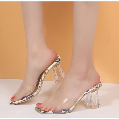 Summer Women Transparent High Heels Sandals Chunky Heels Open Toe Shoes Flower Print Crystal Heels Casual Sandalia Feminina
