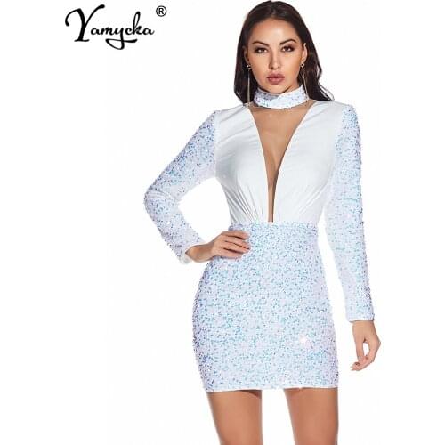 Sexy See through Club woman Summer sequin dress women party night glitter bodycon White vintage dress ladies dresses vestidos HL