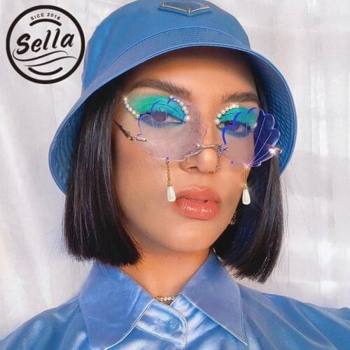 Sella 2020 New Arrival Unique Fashion Tint Lens Shell Shaped Pearl Pendant Glasses Men Women Rimless Eyewear Glasses