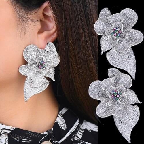 77MM Luxury Big Blooming Flower Shape Drop Dangle Earrings For Women Wedding Bridal Jewelry
