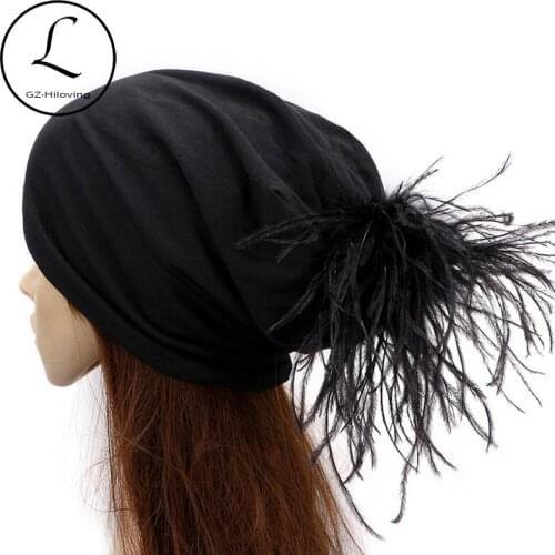 GZhilovingL Cool Soft Cotton Ostrich fur Pompom Slouch Beanies Hats For Womens Ladies Autumn Winter Solid Skullies Cap For Gilrs