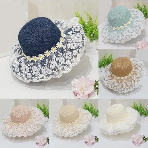 Parent-child Summer New Womens Sun Hat Bucket Cap Princess Lace Flowers Flat Top Straw Woven Girls Hat Beach Caps Panama
