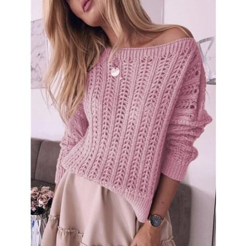 Women Hollow Out Off Shoulder Knitted Sweater Solid Long Sleeve Tops Pullover Autumn Winter Elegant O-Neck Sexy Casual Sweaters