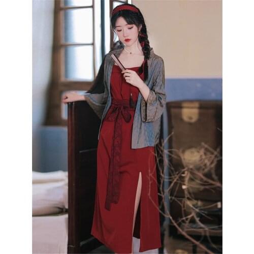 2021 Japanese Kimono Womens Two-Piece Retro Traditional Obi Belt Suit Retro Red Sling Long Dress with Vintage Coat Thin