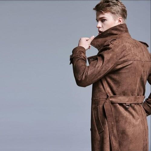 Men Trench New Windbreaker British fashion deerskin velvet trench coat for young men double-breasted slim mid-length coat