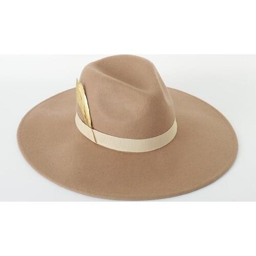 Womens Classic Wide Brim Floppy Panama Hat Belt Buckle Wool Fedora Hat Feather Decoration Holiday Cap Gift For parents/friend