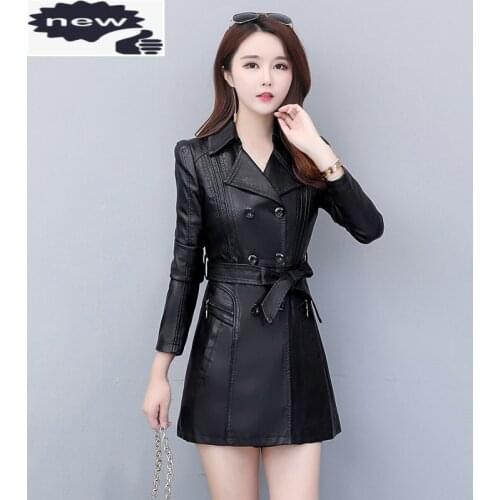 Autumn Office Ladies Mid Long Pu Slim Fit Double Breasted Belted Trench Coat Padded Faux Leather Jacket Outerwear