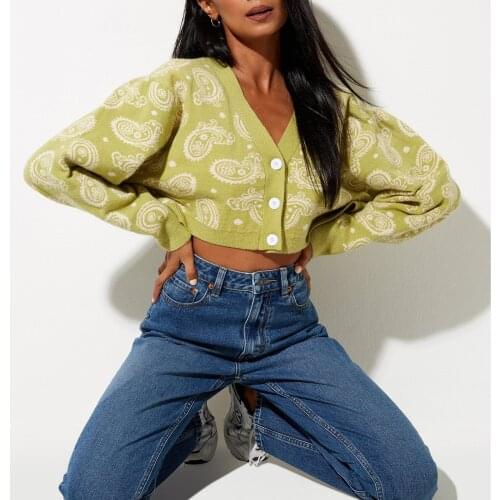 Women Jacquard Knitted Cropped Cardigan Tops Autumn Spring Loose V-Neck Button Down Sweaters Outerwear Chic Lady Coats