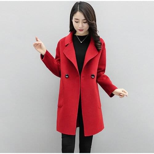 Women Autumn Winter Solid Color Pocket Button Mid-length Coat Slim Overcoat