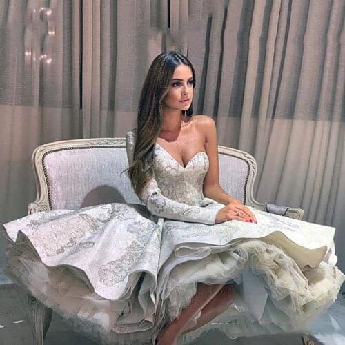 Elegant One Shoulder Long Sleeve Lace Short Prom Dress Ball Gown Robe de Soiree Evening Party Gowns Knee Length Evening Dress