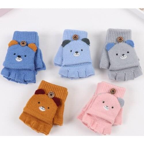 Winter Pig Print Kids Gloves Children Kids Winter Warm Knitted Convertible Flip Top Fingerless Mittens Gloves